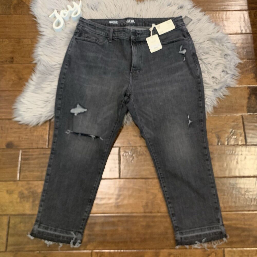 ANA Jeans High Rise Straight Distressed Denim Size 18W Blackout Grey New